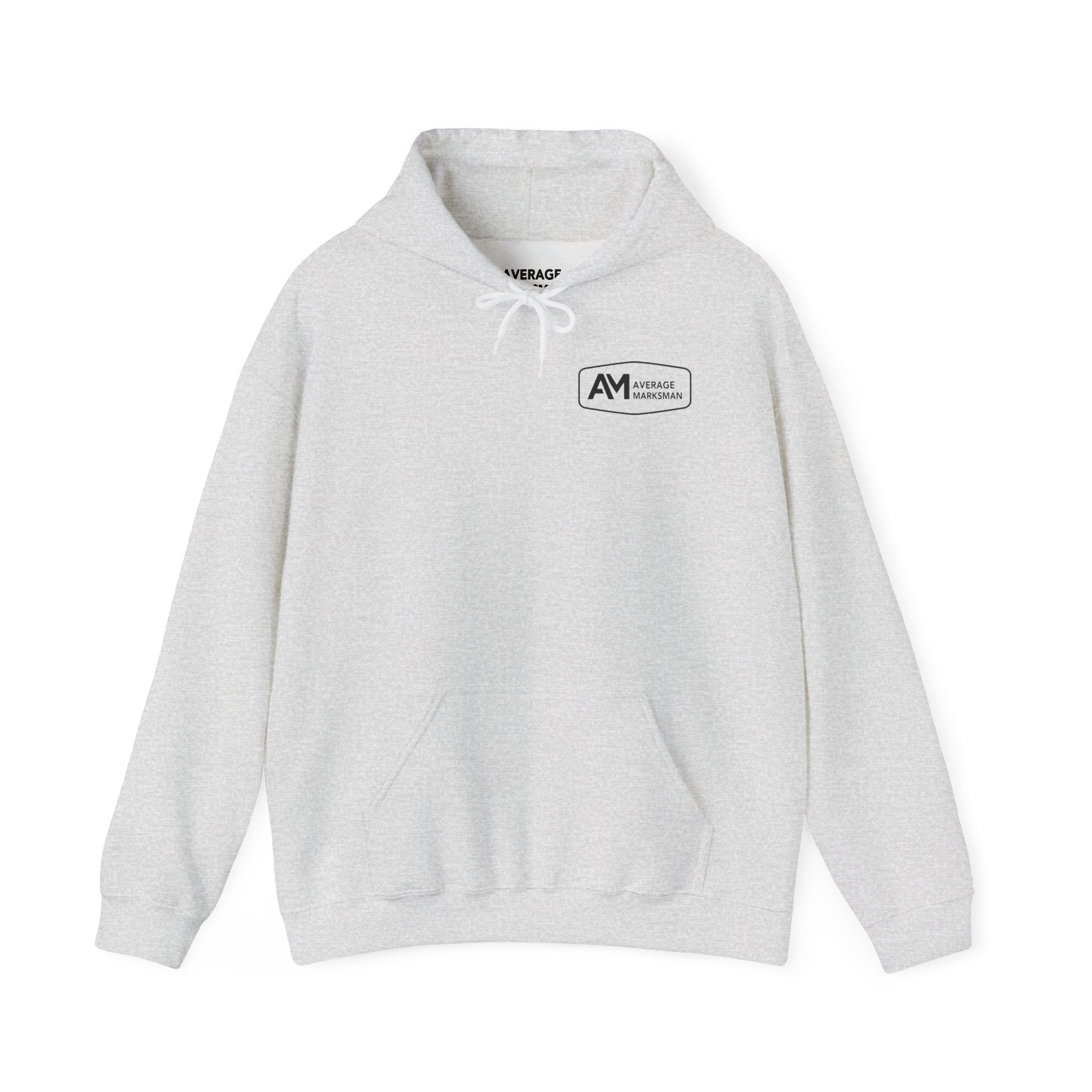 Gray hoodie with a logo on the chest against a white background