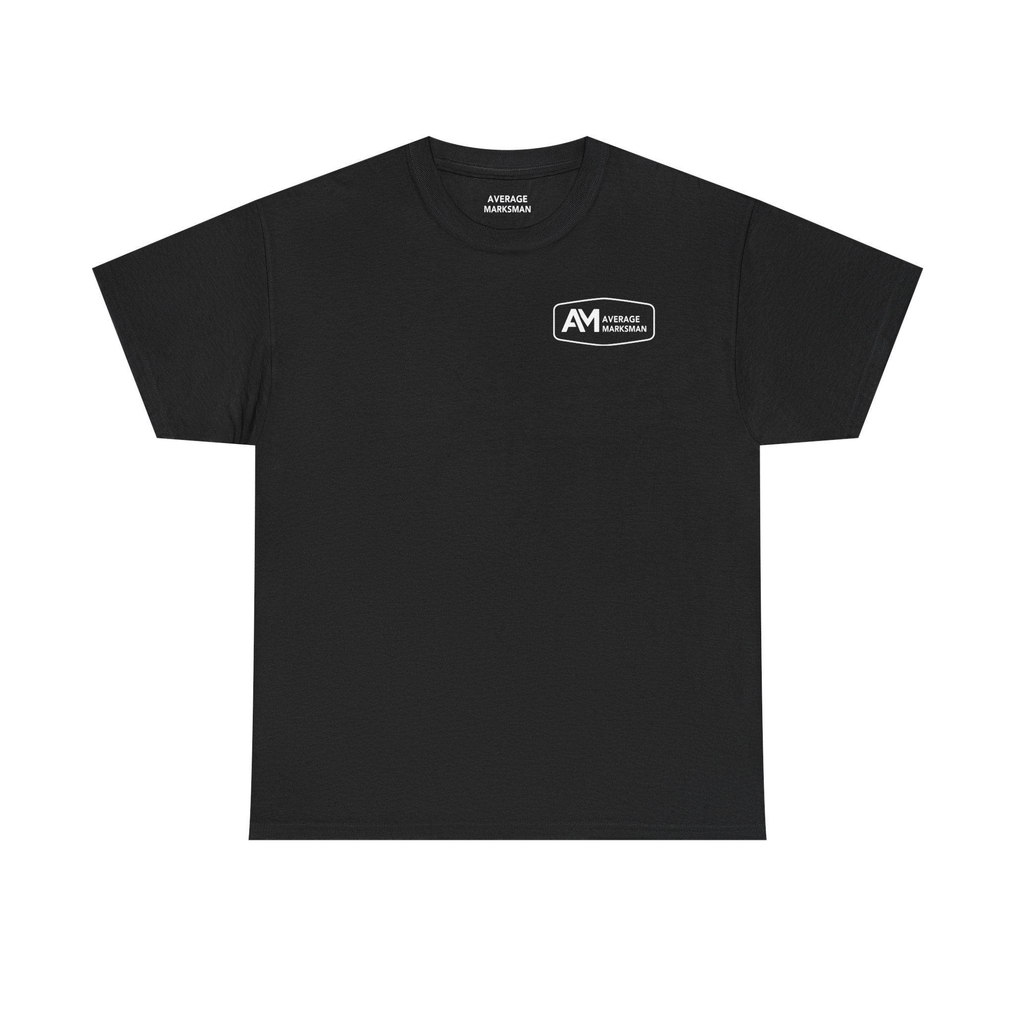 Black t-shirt with a logo on the chest against a white background