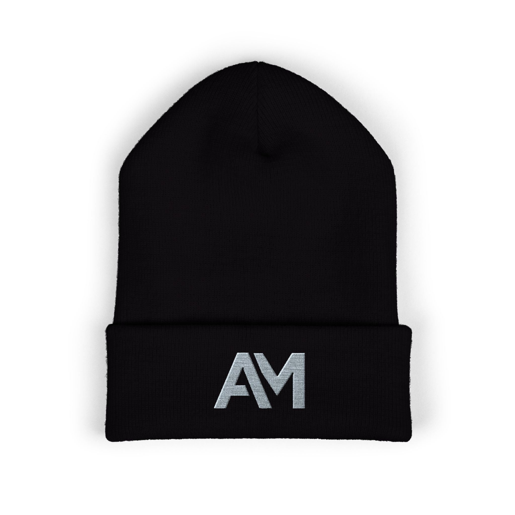 Black beanie with 'AM' logo on a white background