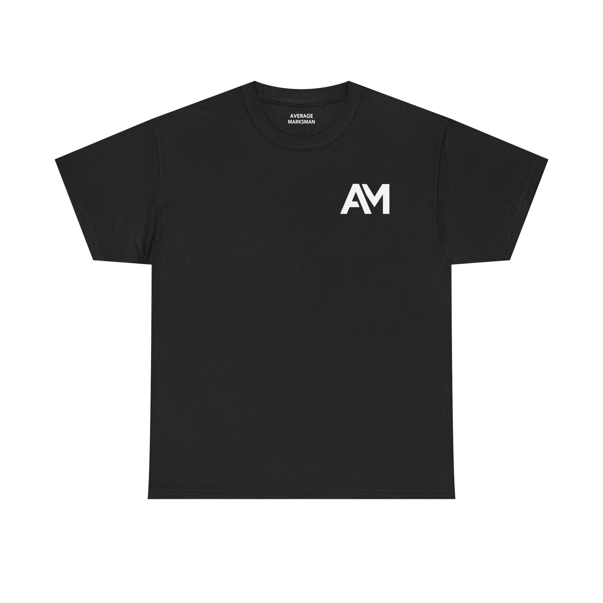 Black t-shirt with a white logo on a white background