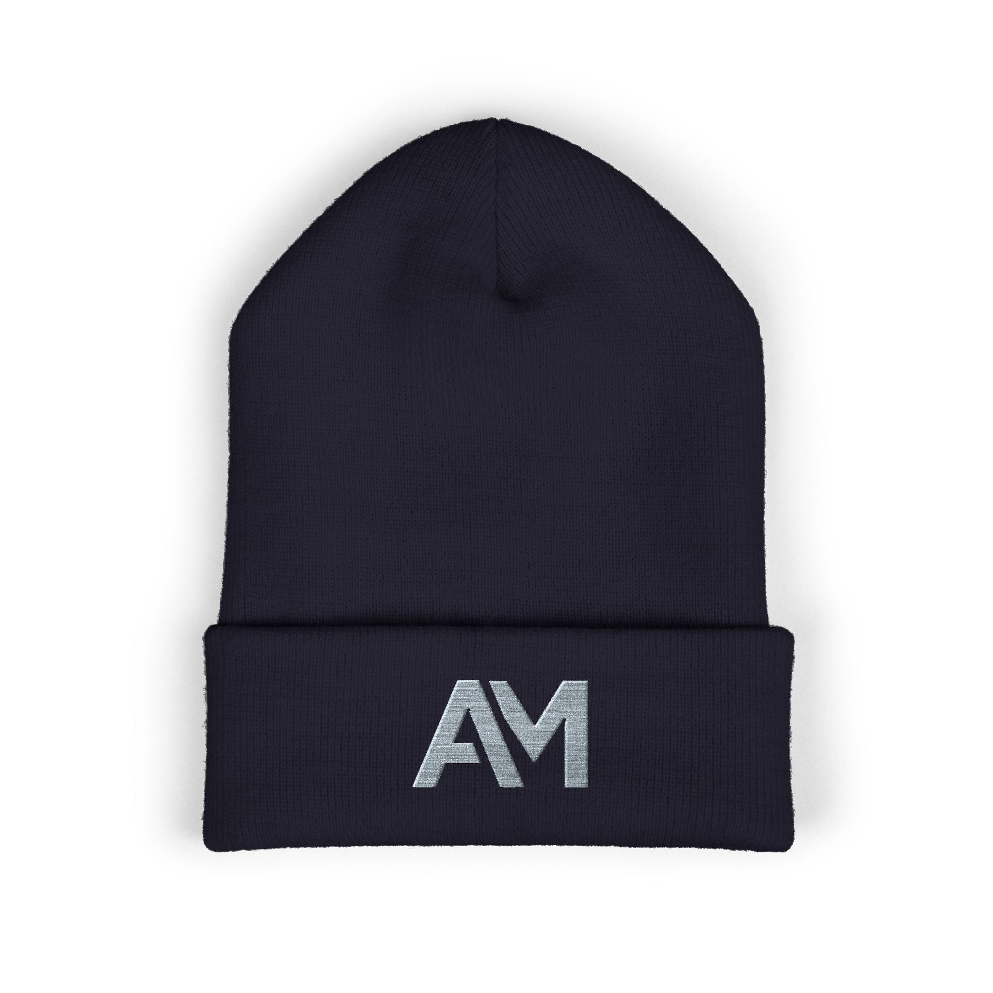 Black beanie with 'AM' logo on a white background