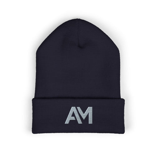 Black beanie with 'AM' logo on a white background