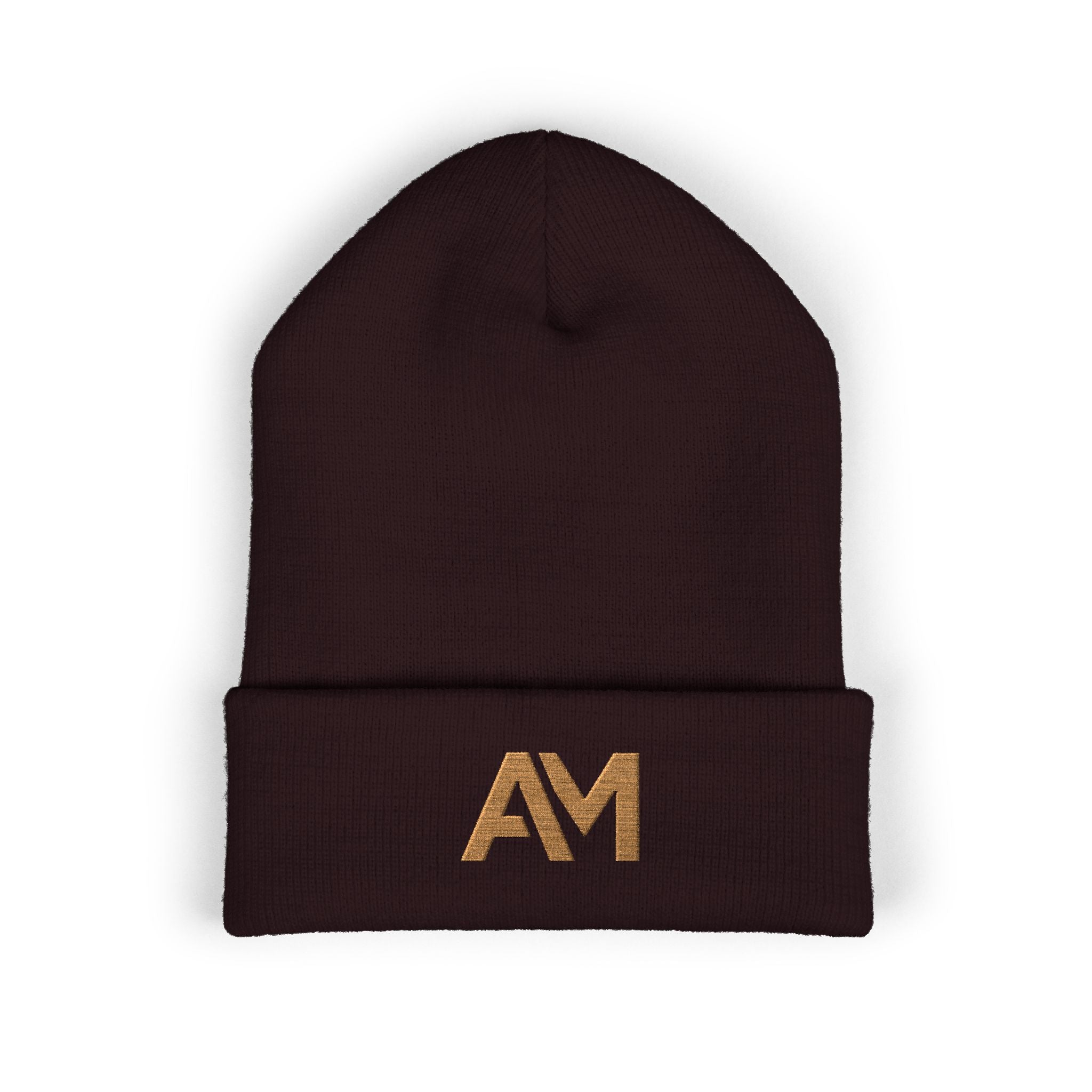 Brown beanie with 'AM' logo on a white background