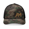 Camouflage trucker hat with 'AM' logo on a white background
