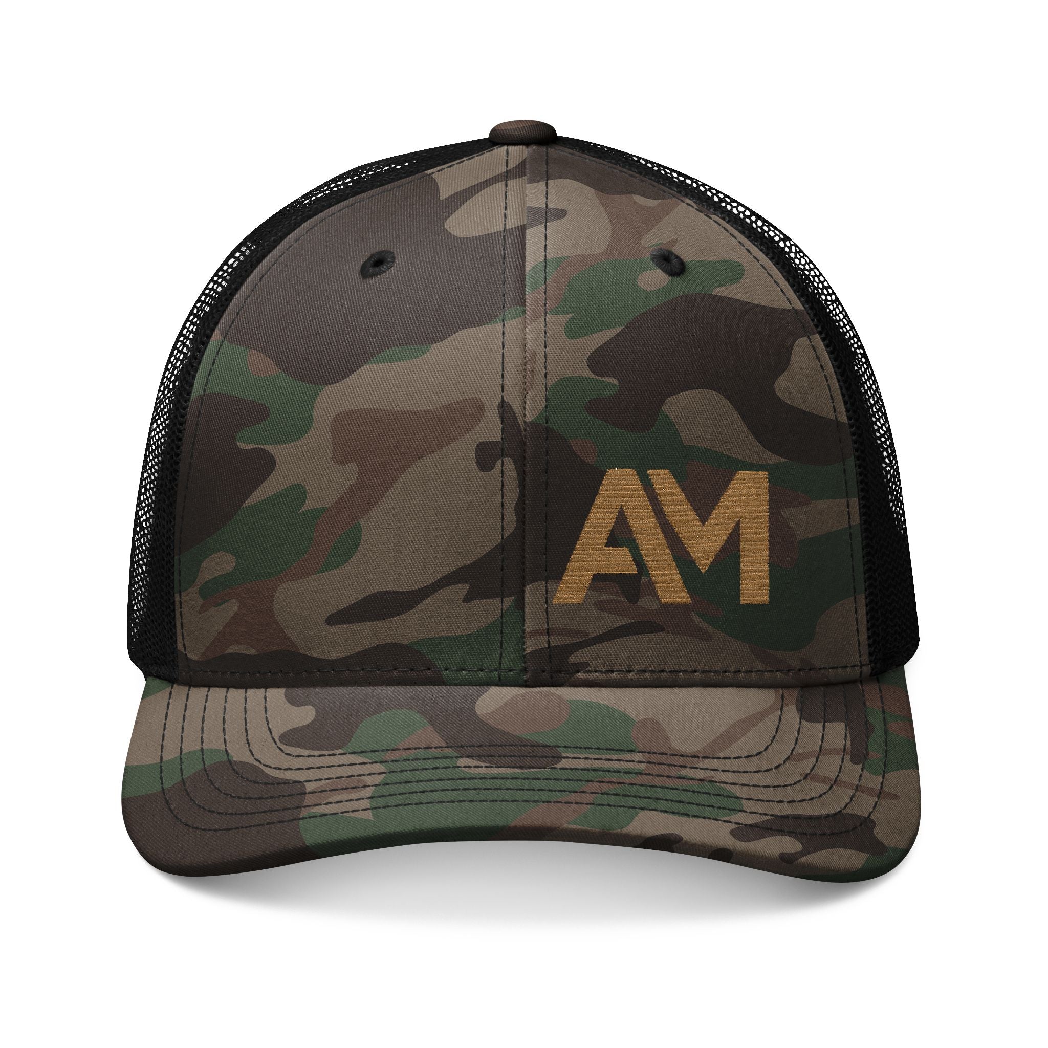 Camouflage trucker hat with 'AM' logo on a white background