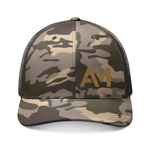 Camouflage trucker hat with 'AM' logo on a white background