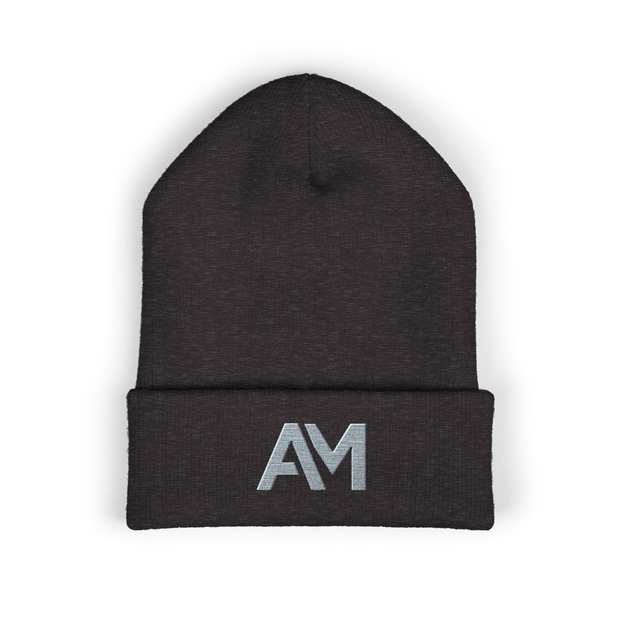 Dark Gray beanie with 'AM' logo on a white background