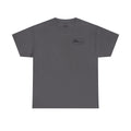 Gray t-shirt with a logo on the chest against a white background