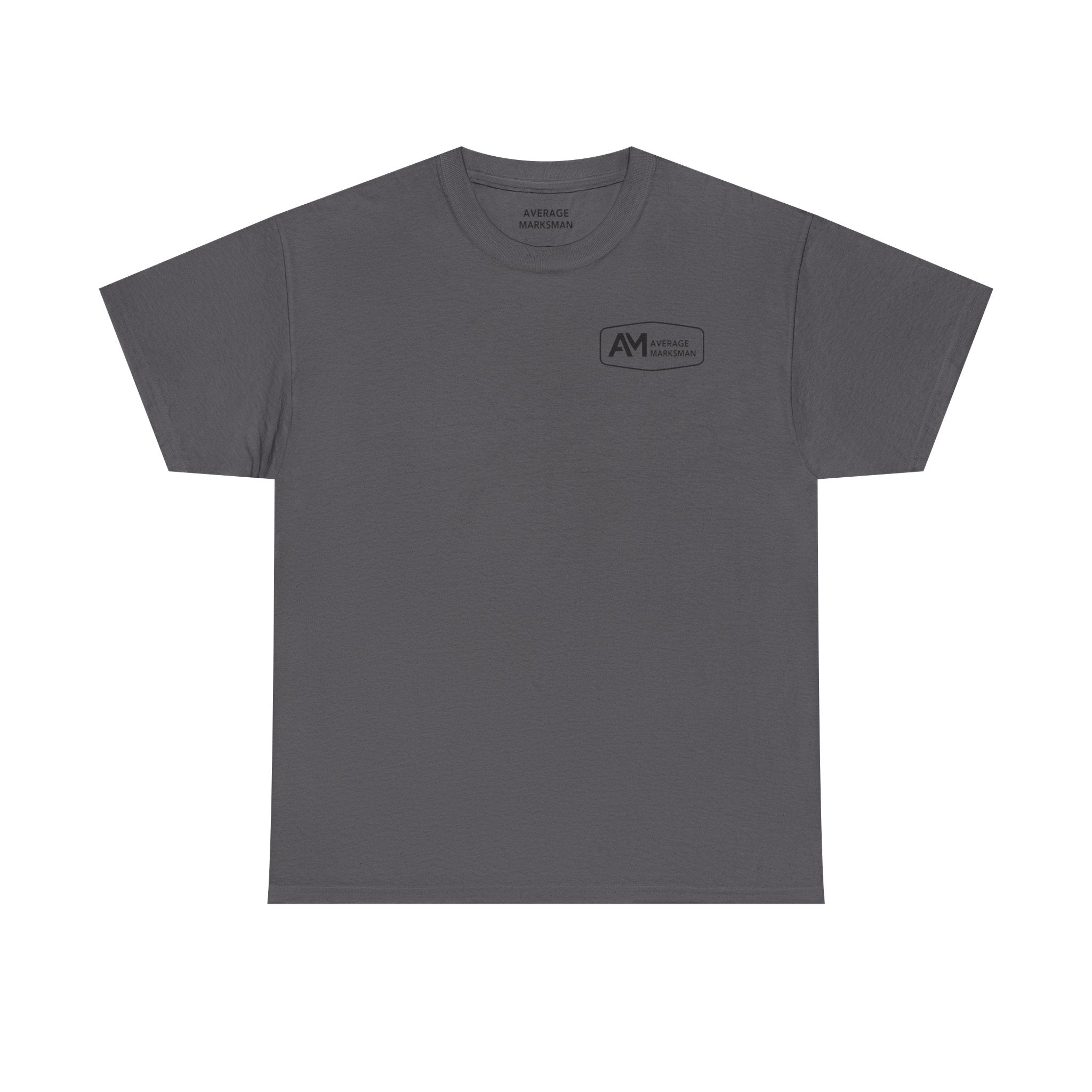 Gray t-shirt with a logo on the chest against a white background