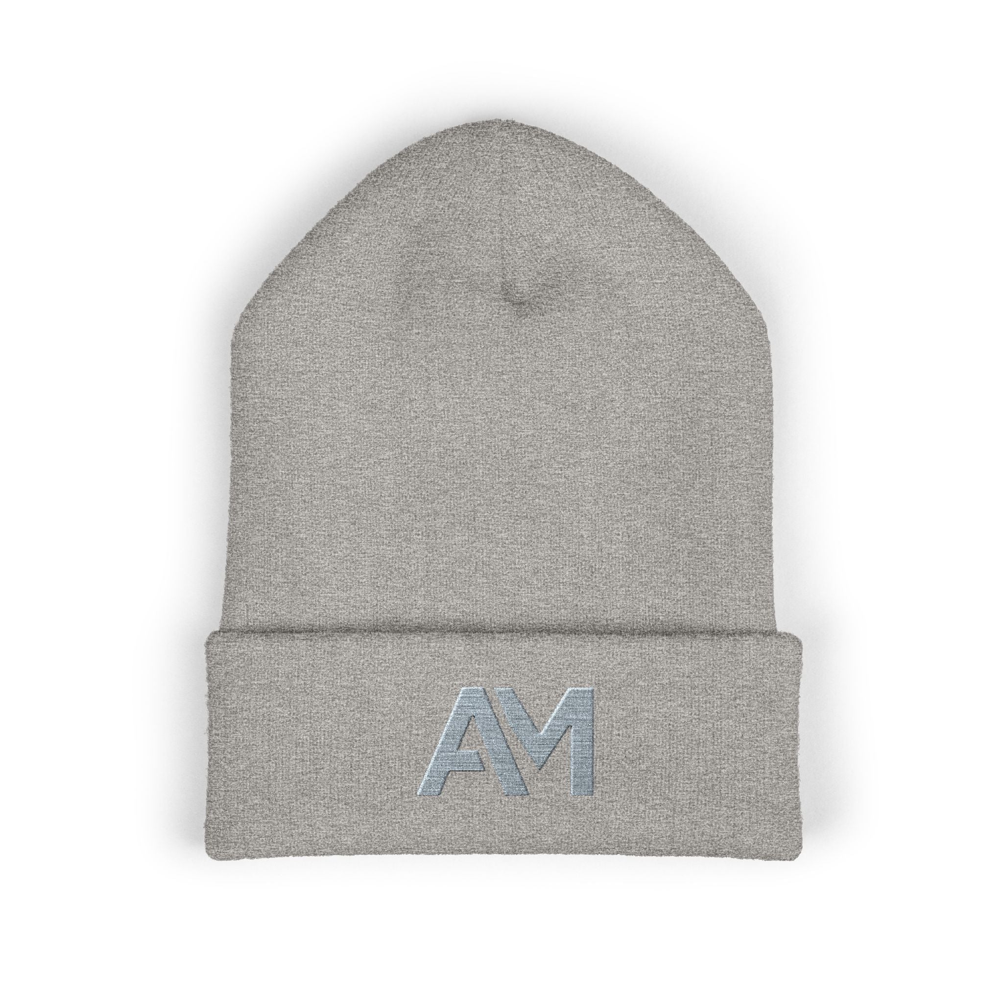 Gray beanie with 'AM' logo on a white background