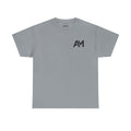 Gray t-shirt with a black logo on a white background