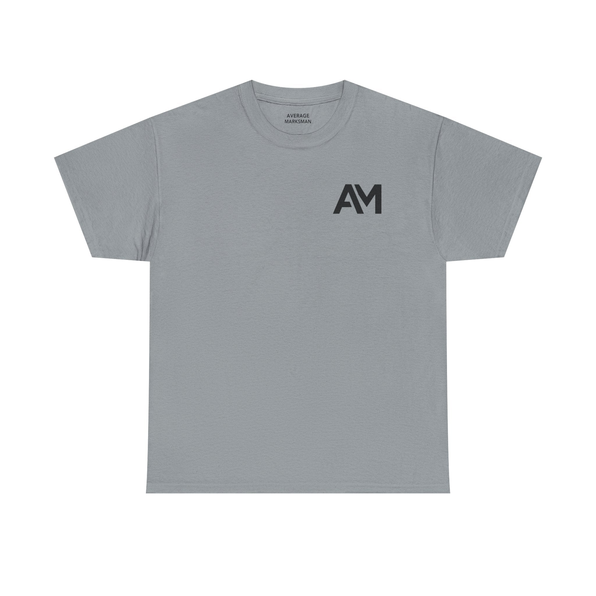 Gray t-shirt with a black logo on a white background