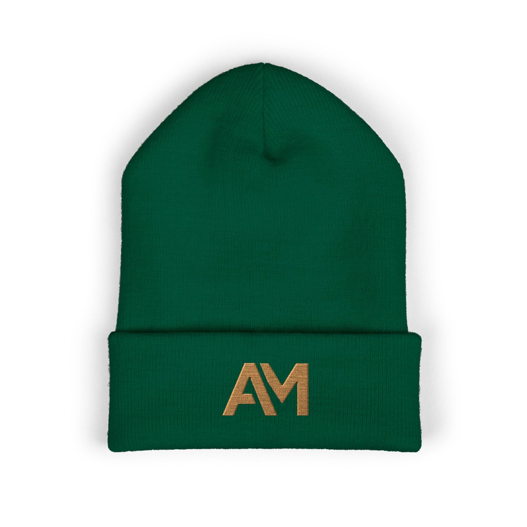 Green beanie with 'AM' logo on a white background