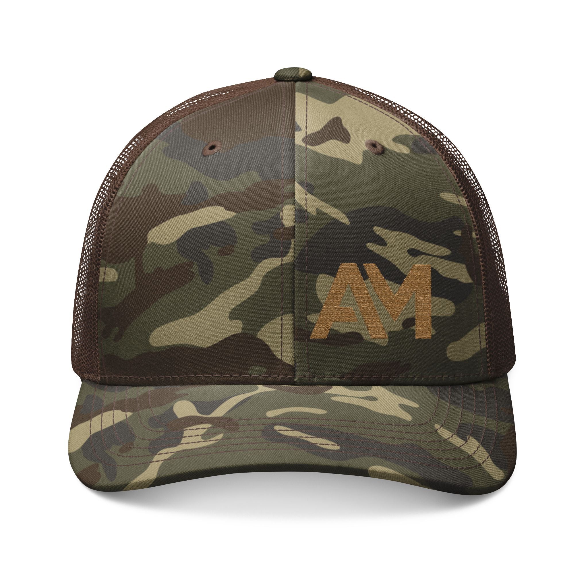 Camouflage baseball cap with 'AM' logo on a white background