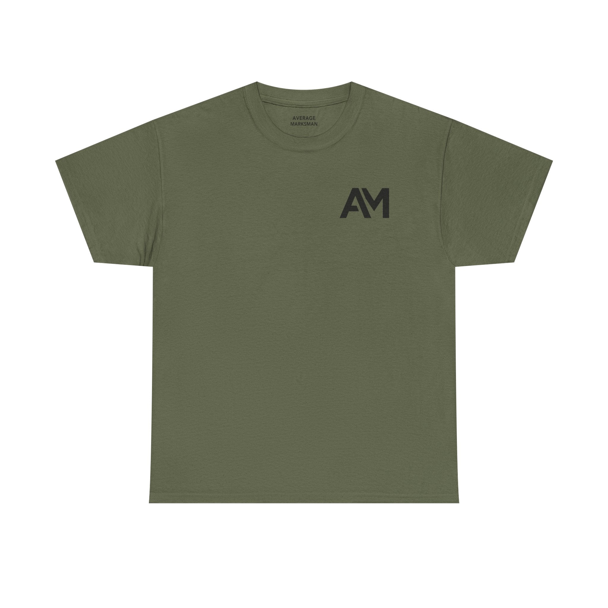 Green t-shirt with 'AM' logo on a white background