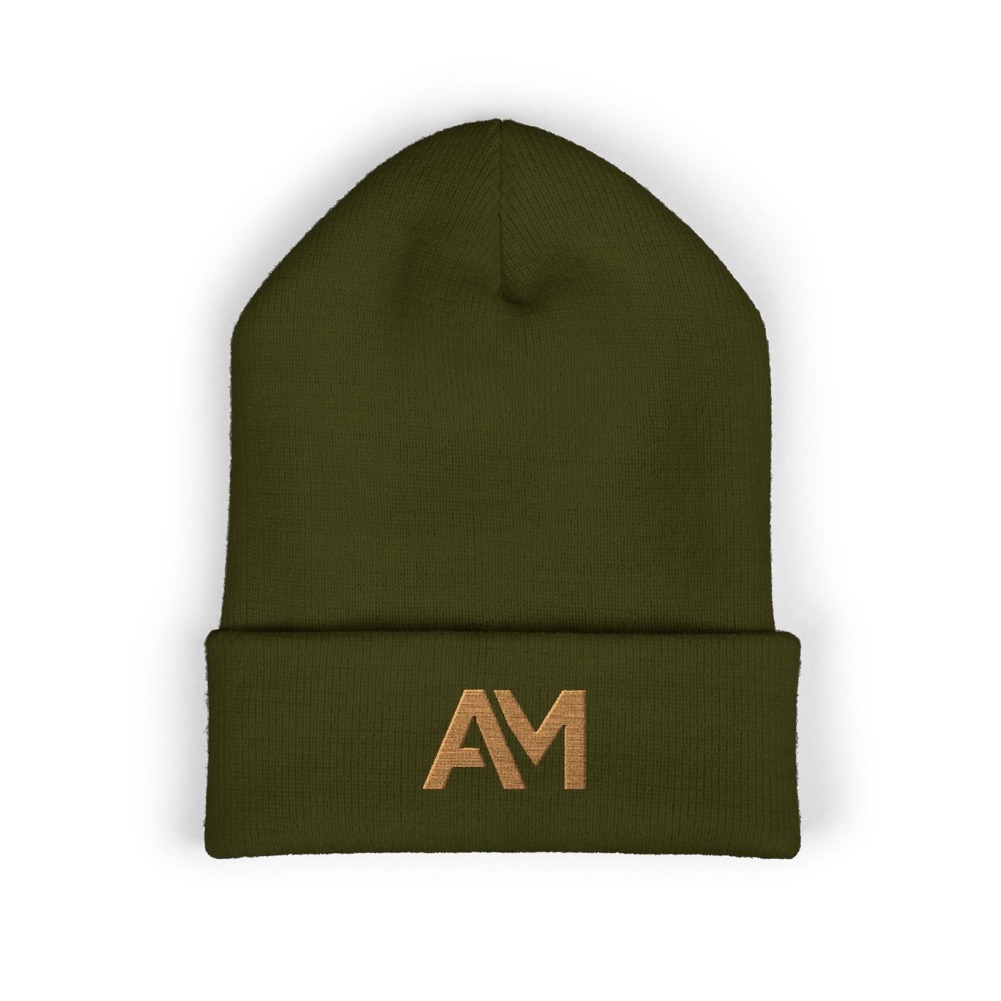 Green beanie with 'AM' logo on a white background
