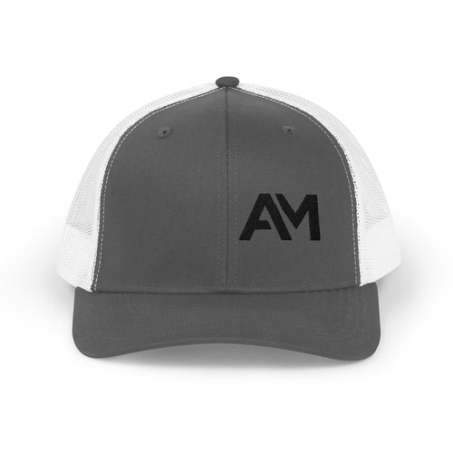 Gray and white cap with black logo on a white background