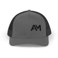 Gray and black cap with 'AM' logo on a white background