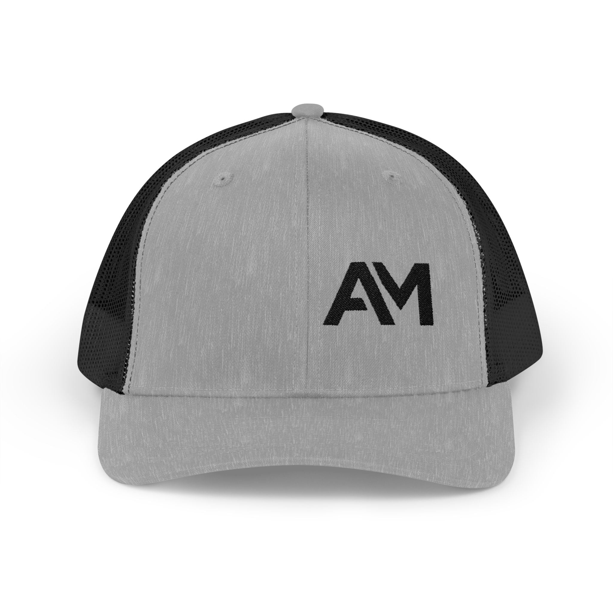 Gray and black trucker cap with 'AM' logo on a white background