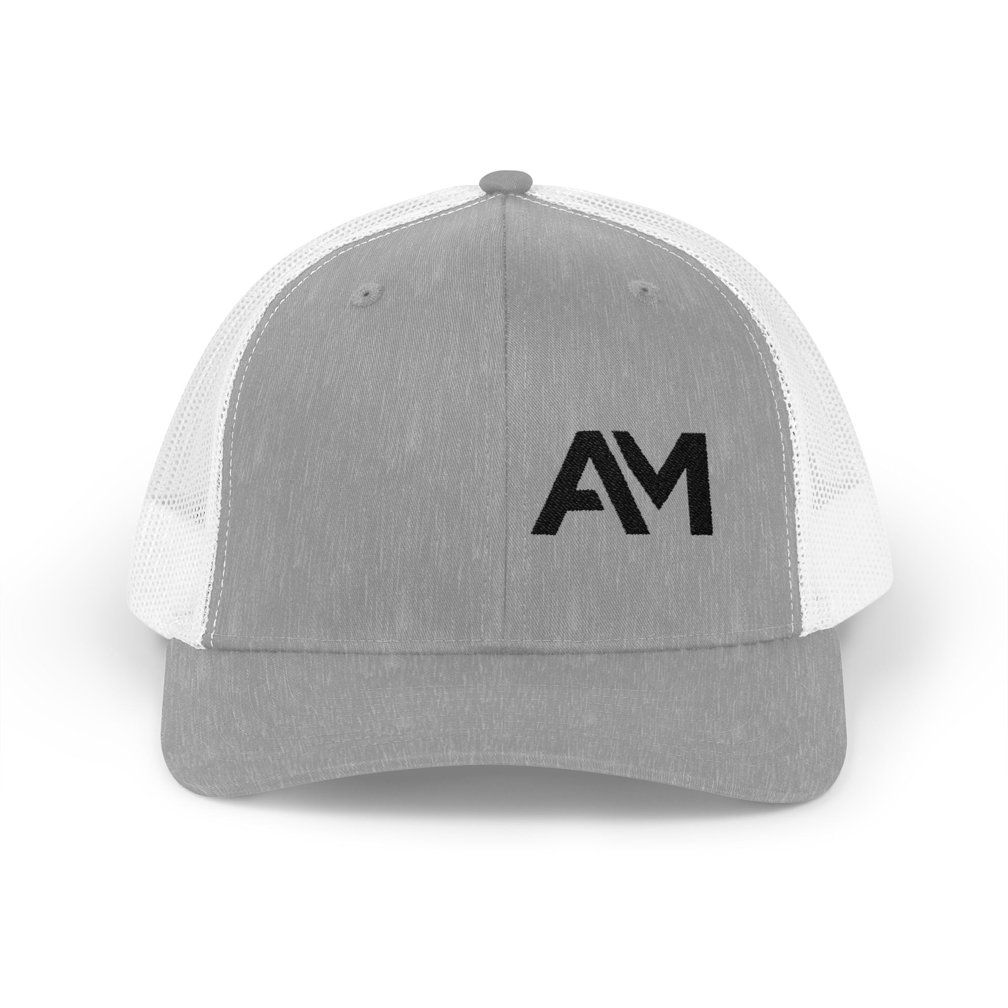 Gray and white trucker cap with black logo on a white background