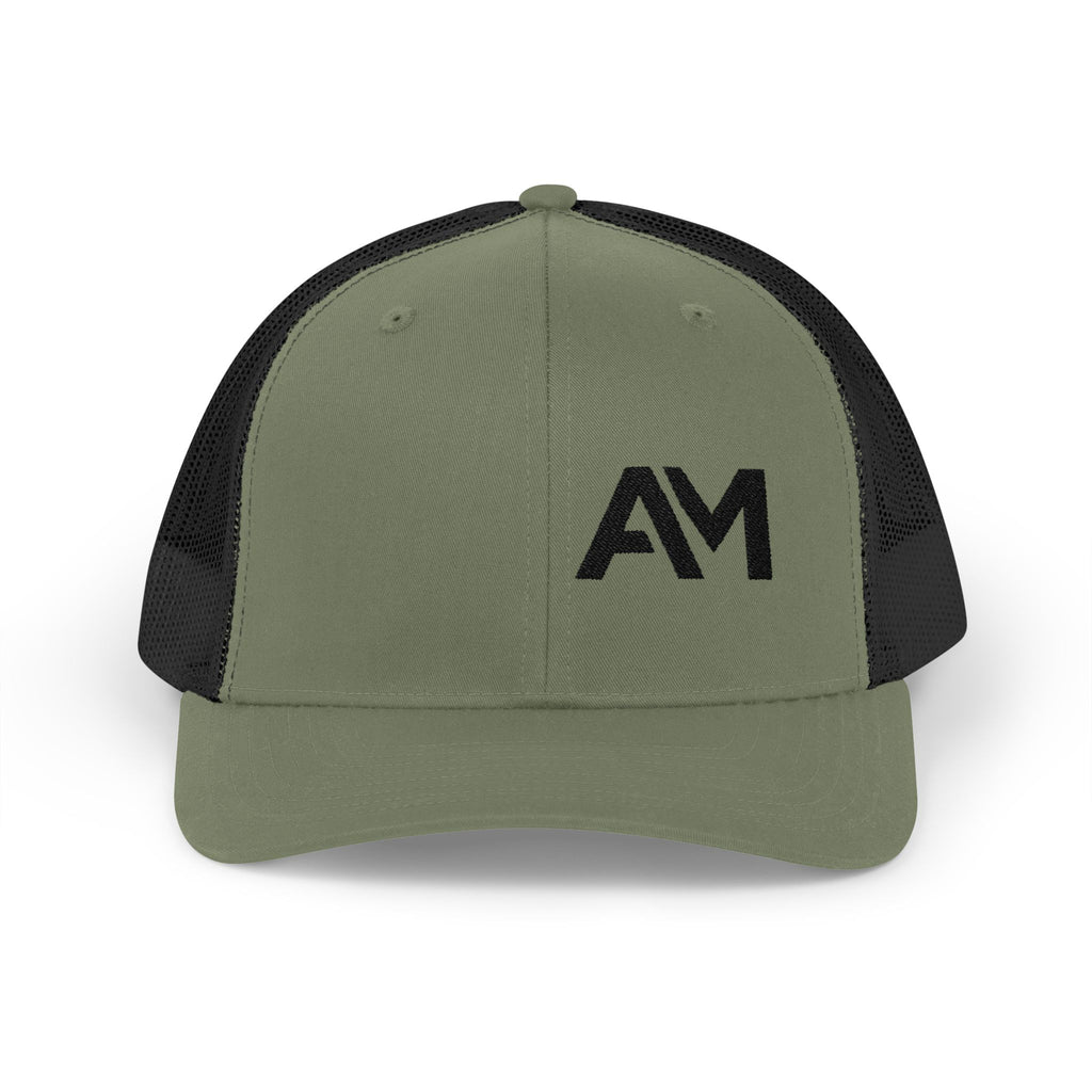 Green and black cap with 'AM' logo on a white background