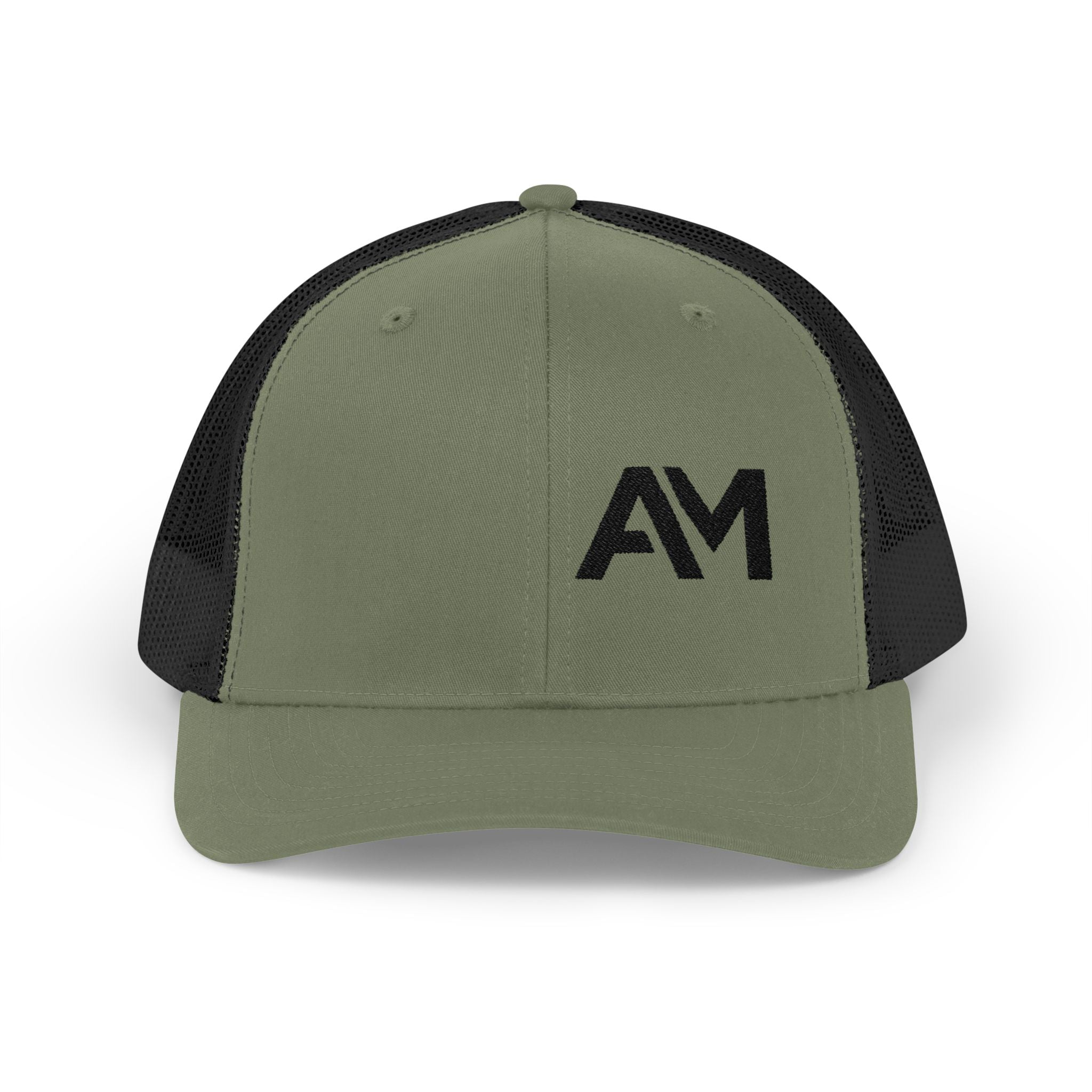 Green and black cap with 'AM' logo on a white background