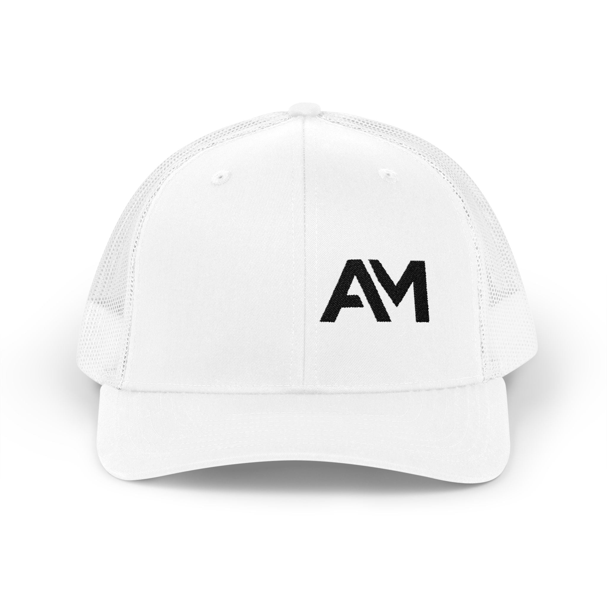 White cap with 'AM' logo on a white background