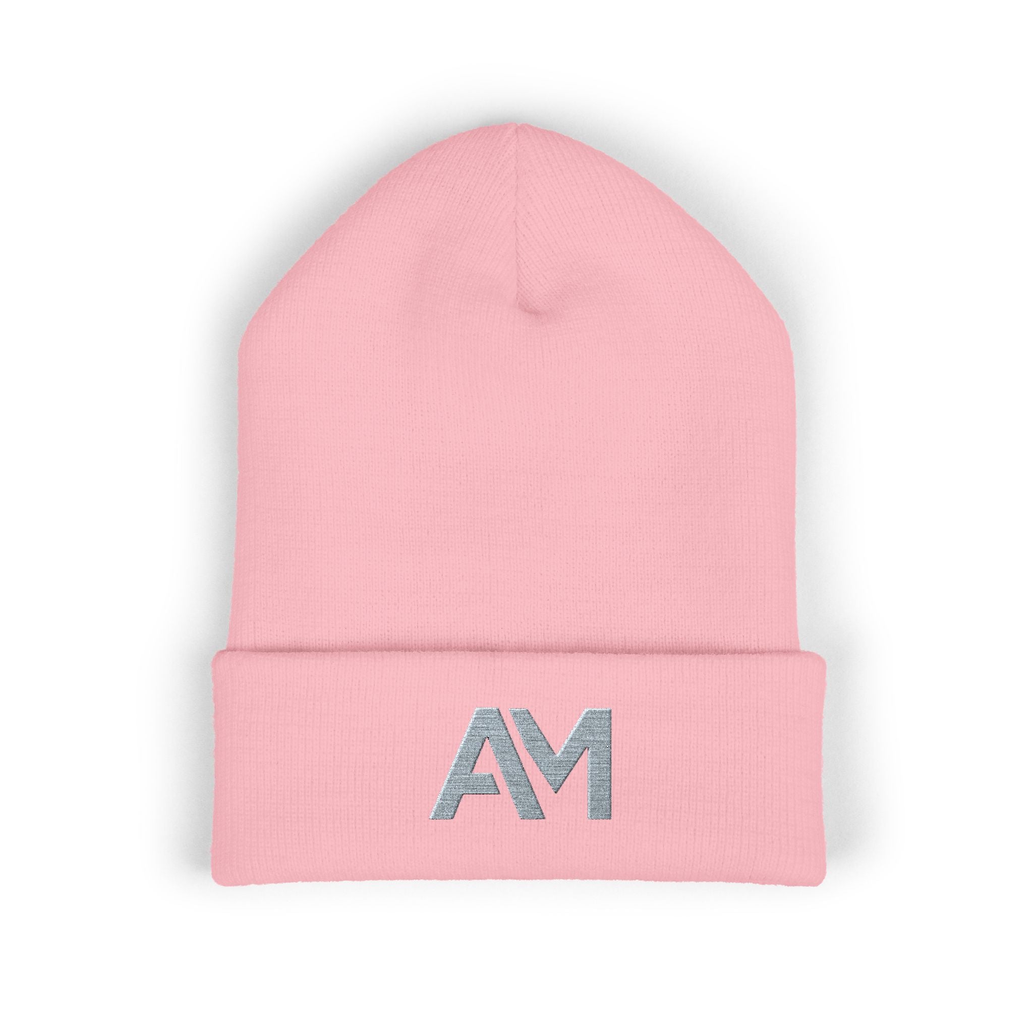 Pink beanie with 'AM' logo on a white background