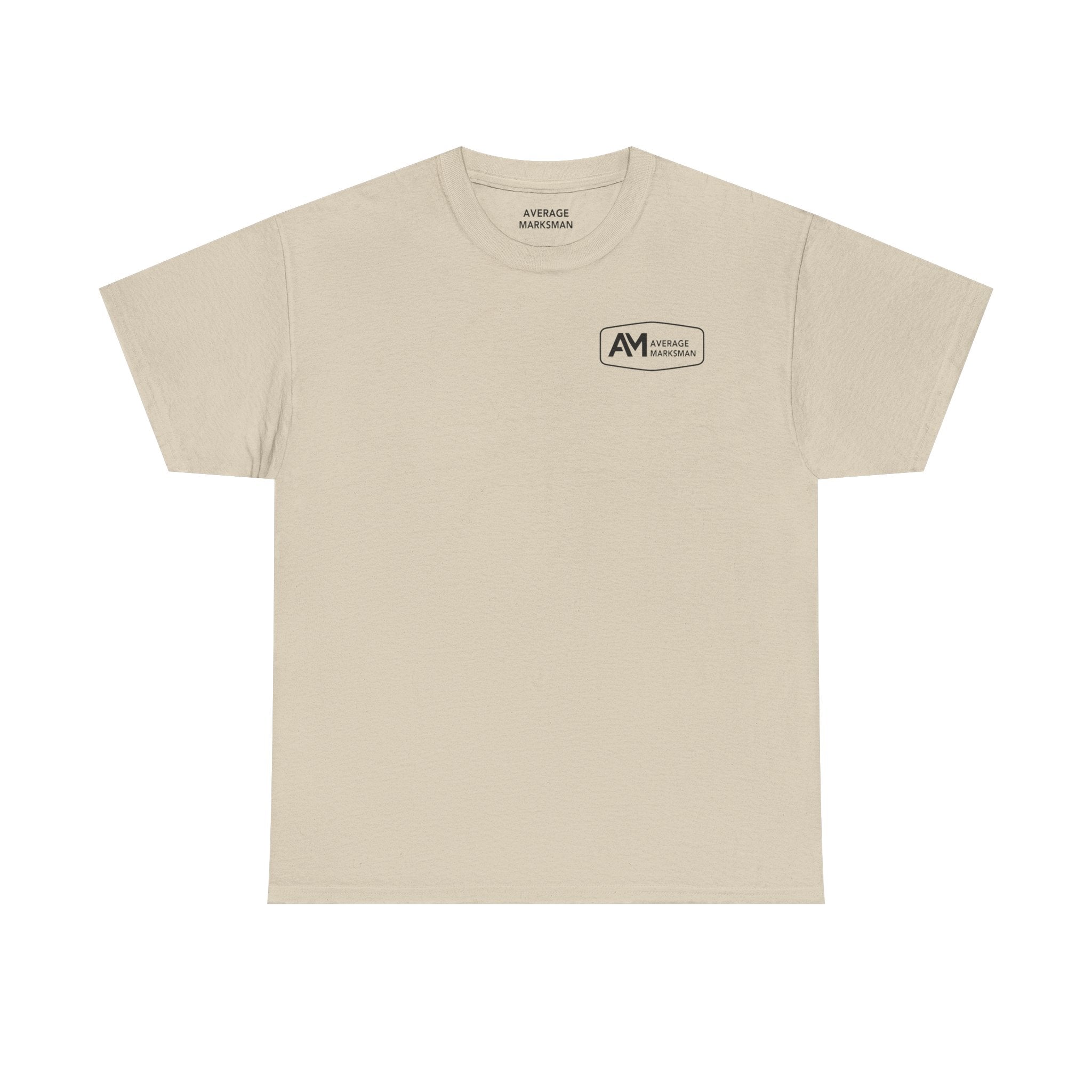 Beige t-shirt with a logo on the chest against a white background