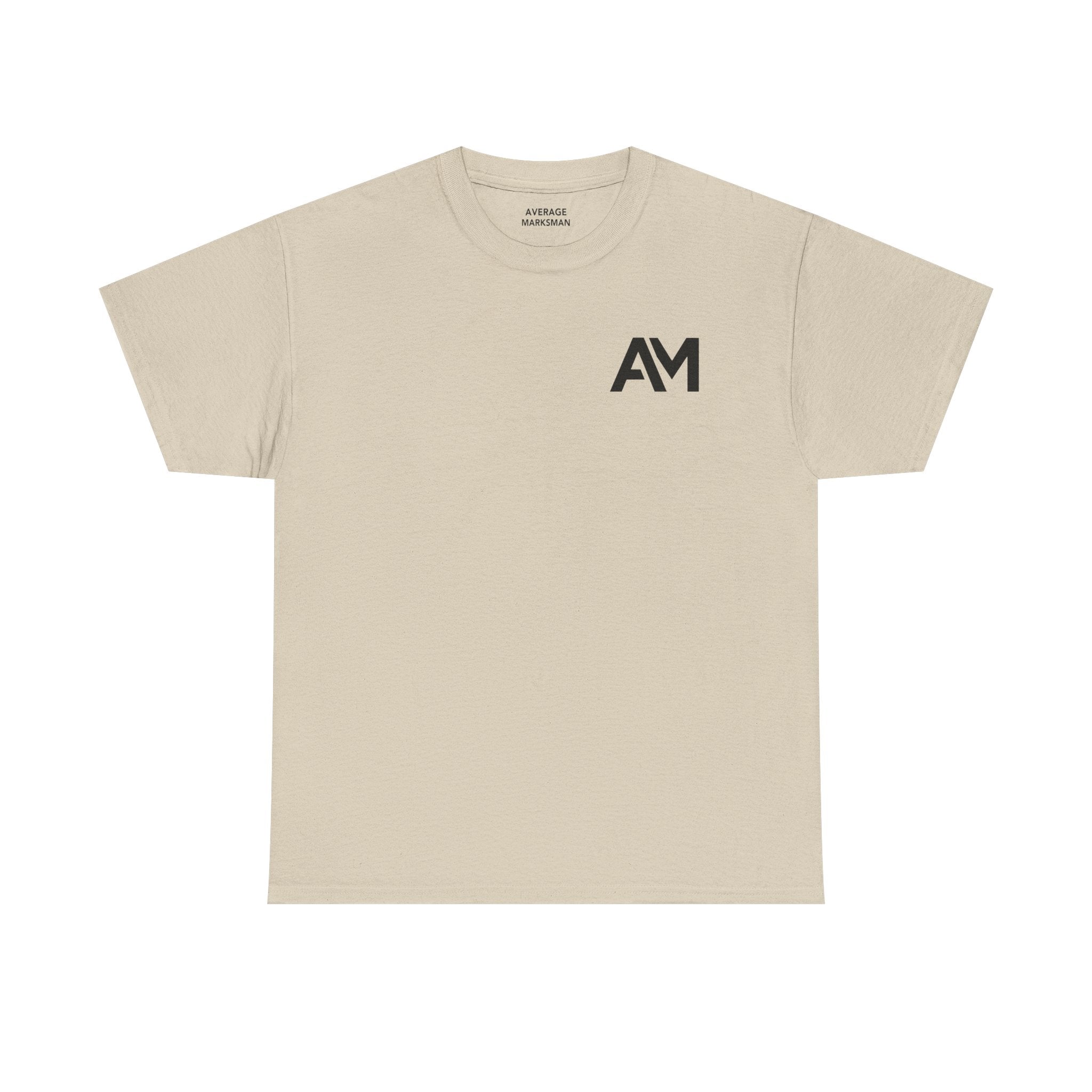 Beige t-shirt with black logo on a white background