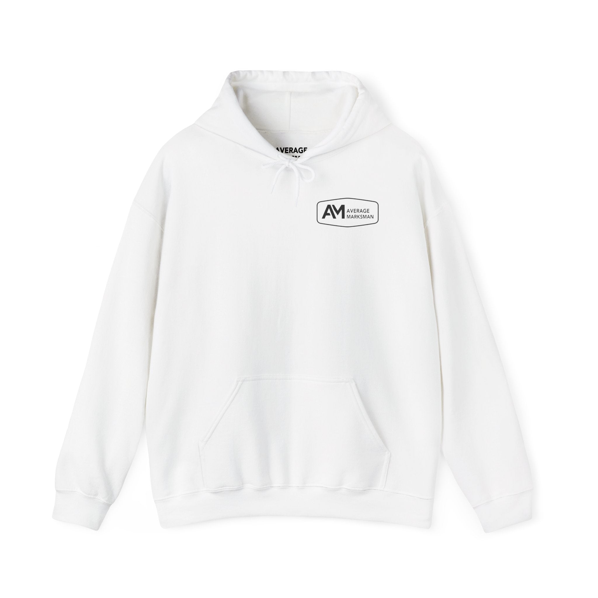 White hoodie with a logo on the chest against a white background