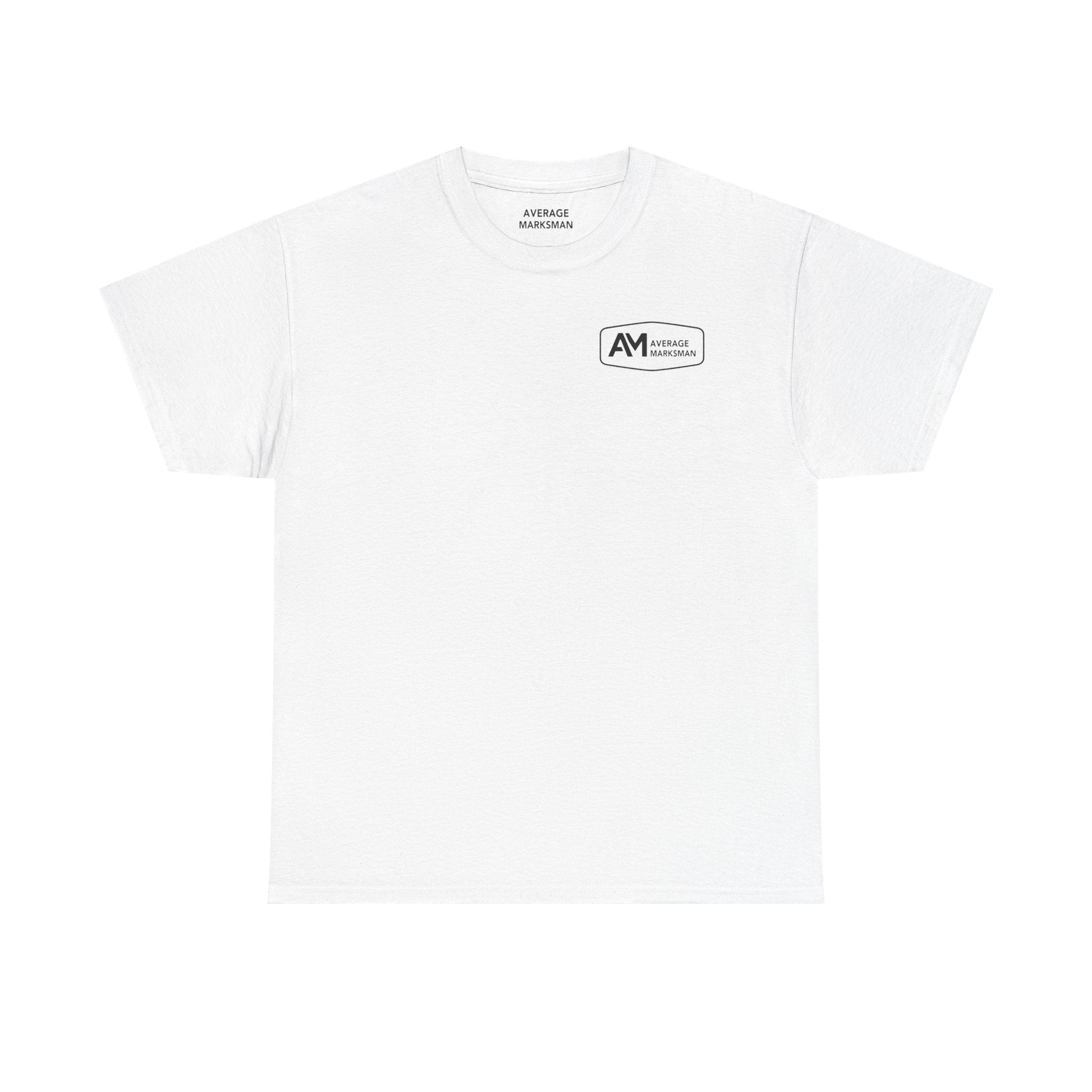 White t-shirt with a logo on the chest against a white background
