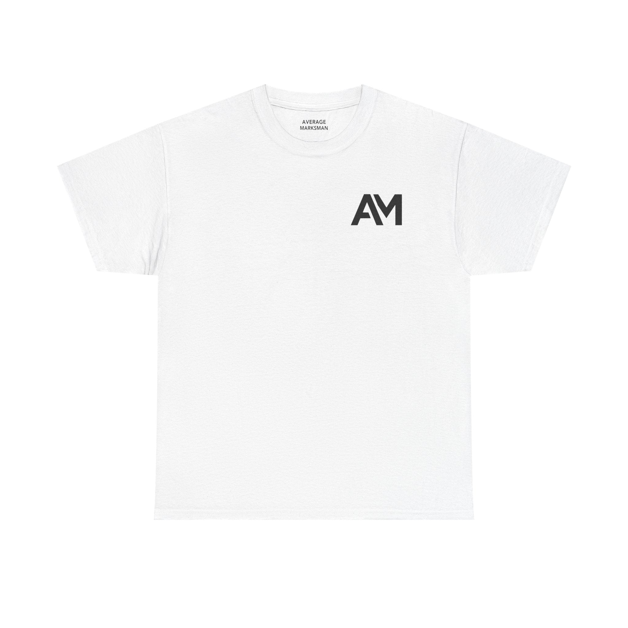 White t-shirt with a black logo on a white background